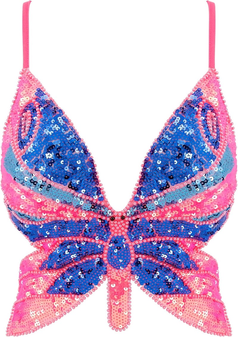 Mocure Womens Glitter Sequin Butterfly Crop Top Low-Cut Tank Top Rave Tube Vest Top for Belly Dance Costume Outfits - Image 1